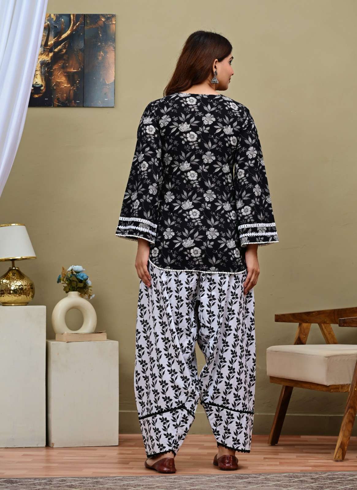 Black Floral Short Kurti with Printed Salwar