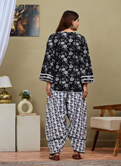 Black Floral Short Kurti with Printed Salwar