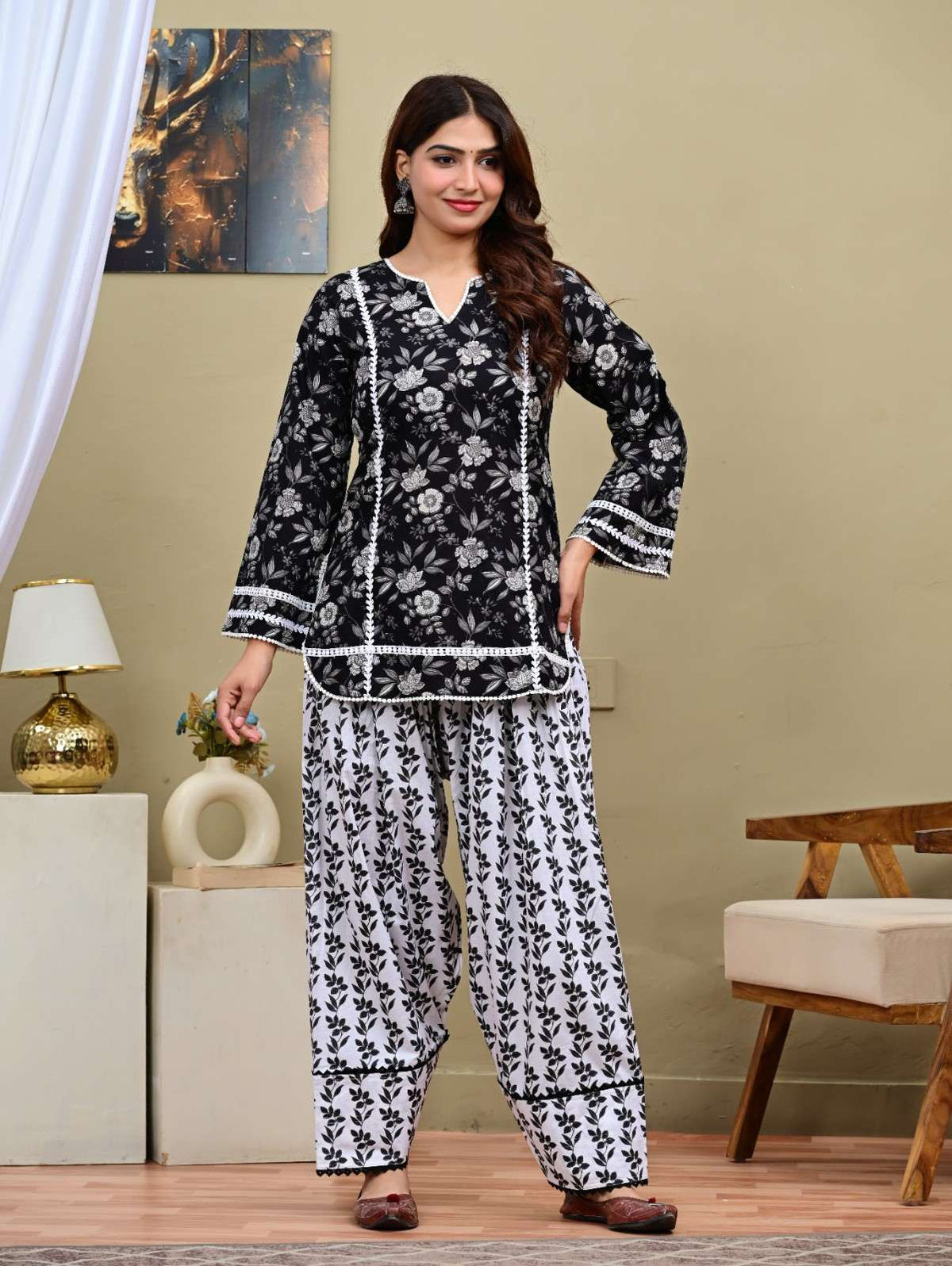 Black Floral Short Kurti with Printed Salwar