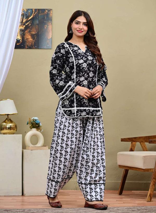 Black Floral Short Kurti with Printed Salwar
