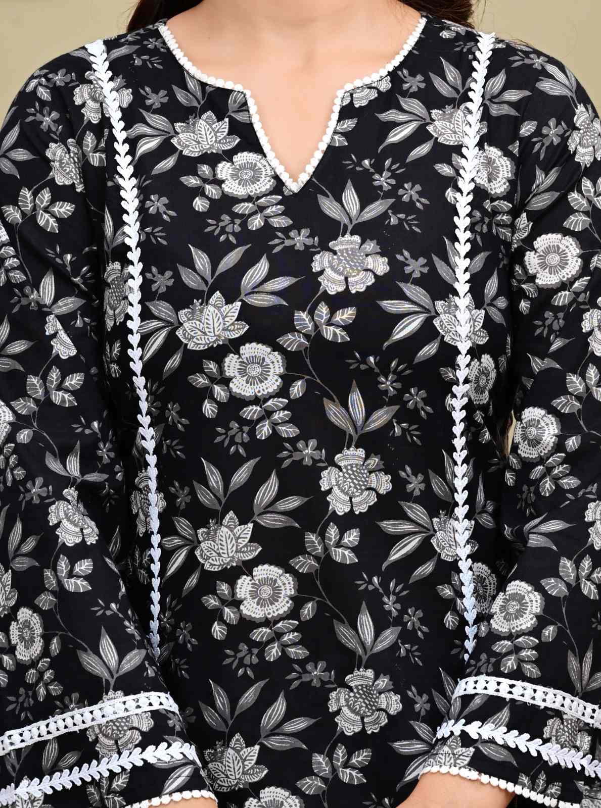 Black Floral Short Kurti with Printed Salwar