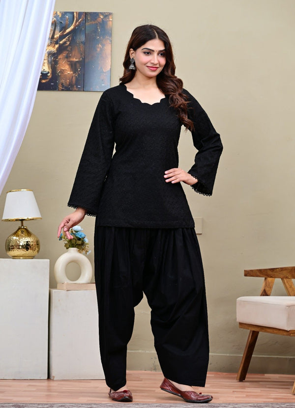Black Chikankari Short Kurti with Salwar Set