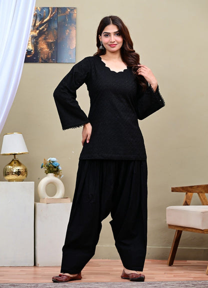 Black Chikankari Short Kurti with Salwar Set