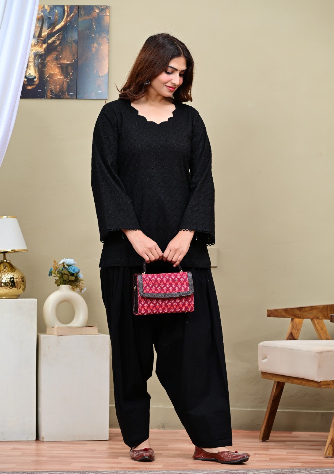 Black Chikankari Short Kurti with Salwar Set