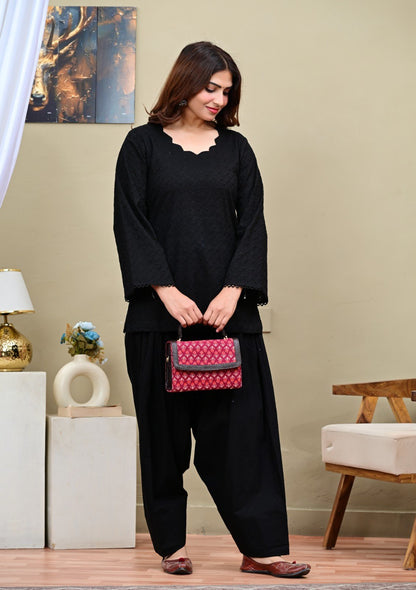 Black Chikankari Short Kurti with Salwar Set