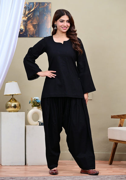 Black Cotton Short Kurti with Patiala Salwar Suit Set