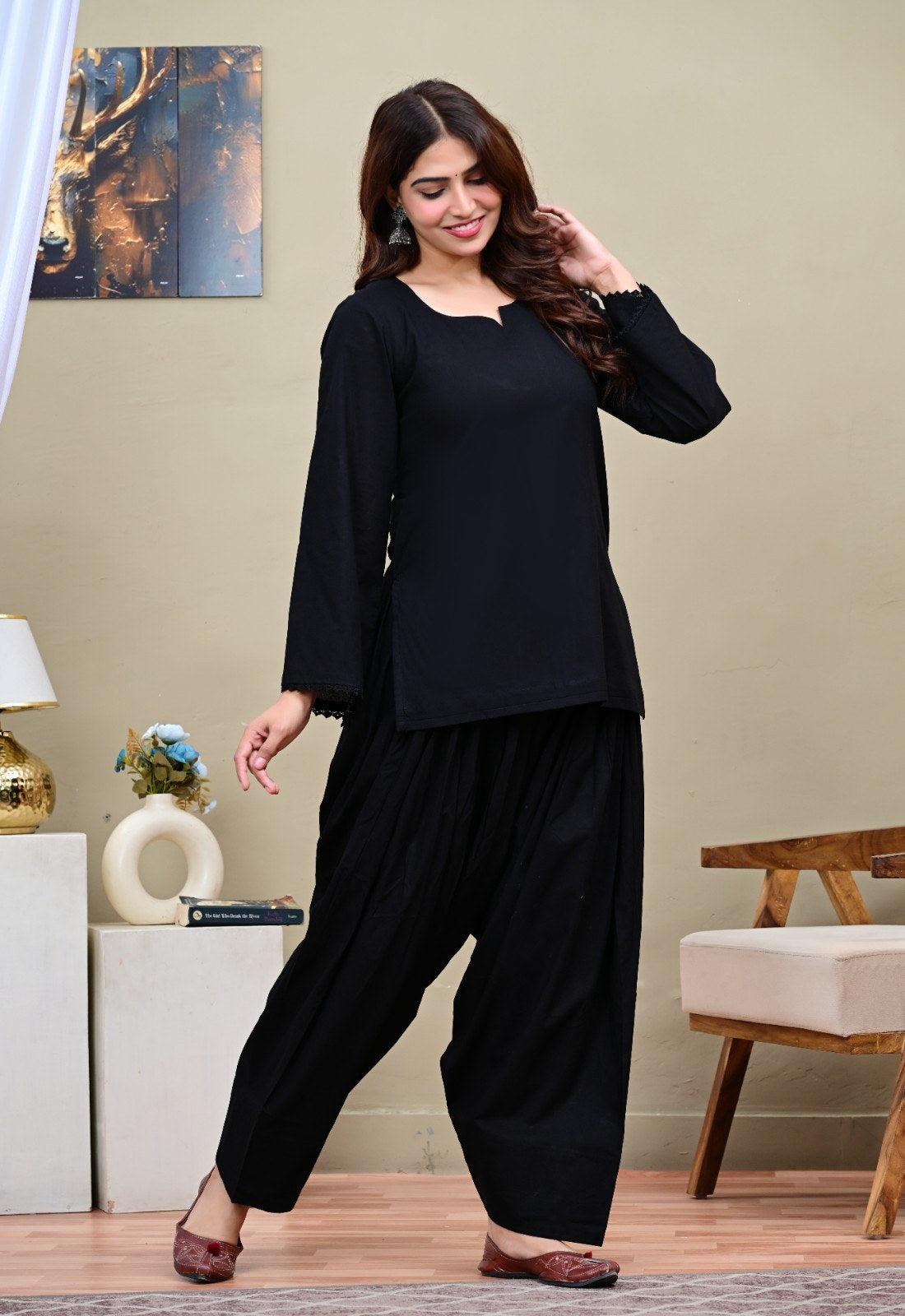 Black Cotton Short Kurti with Patiala Salwar Suit Set