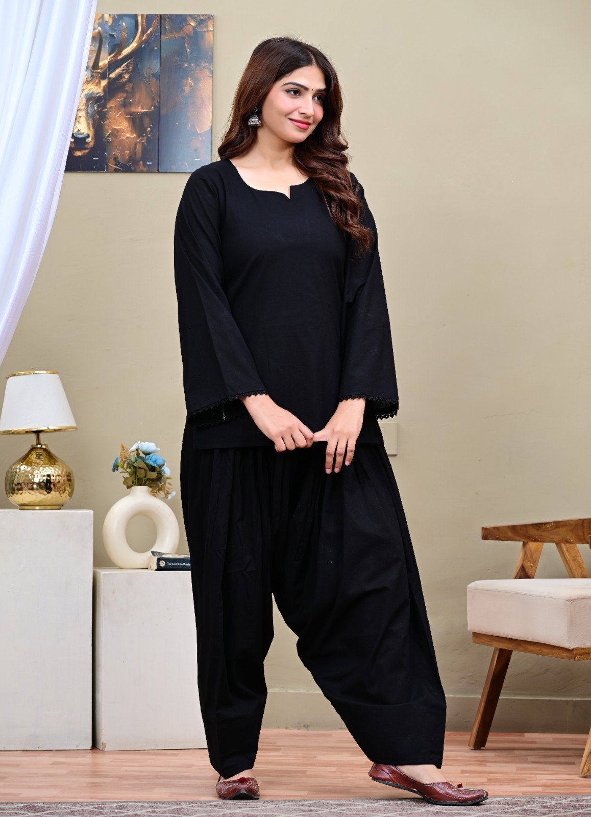 Black Cotton Short Kurti with Patiala Salwar Suit Set