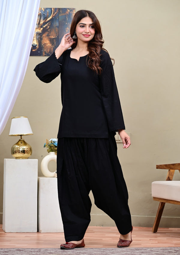 Black Cotton Short Kurti with Patiala Salwar Suit Set