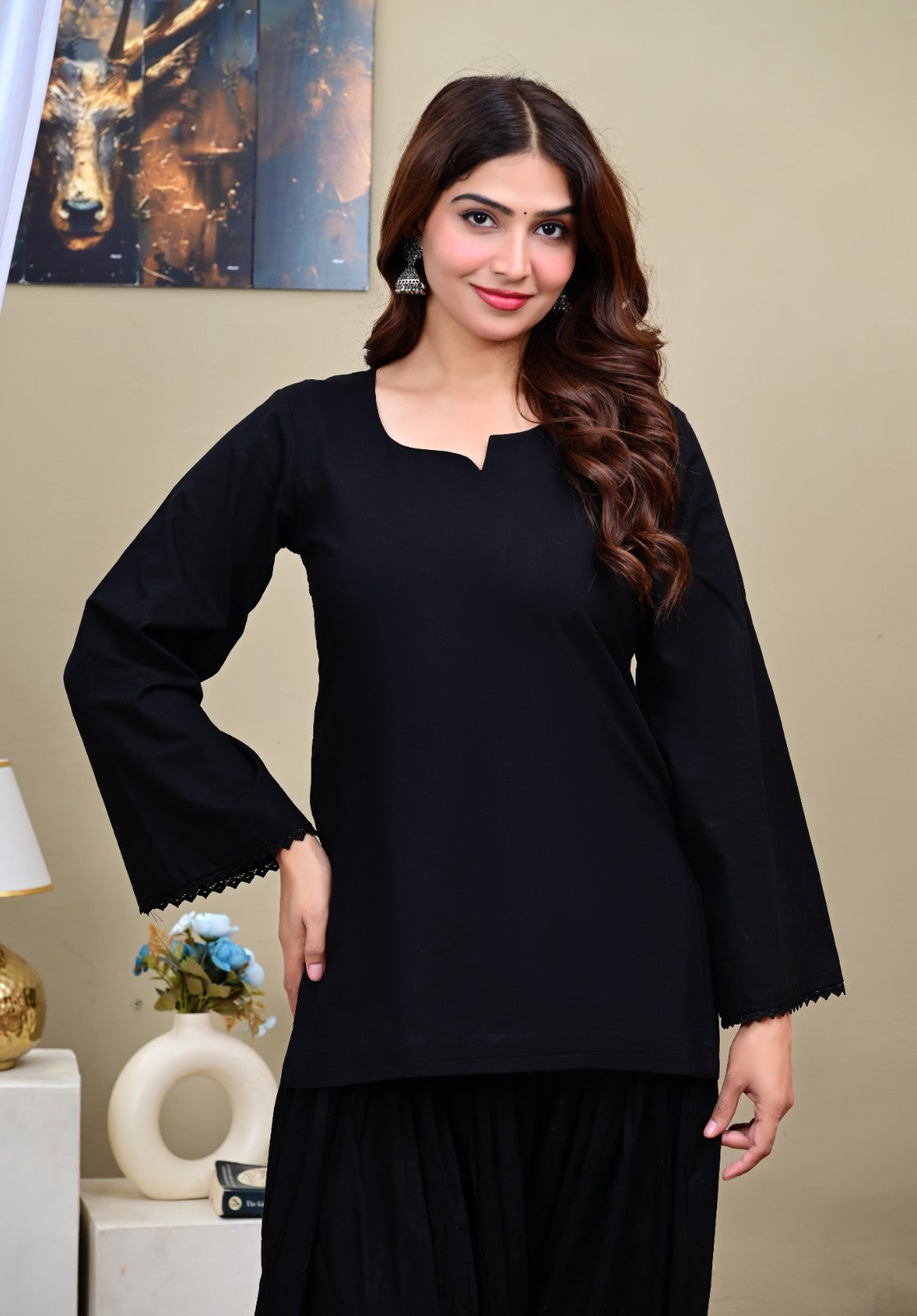 Black Cotton Short Kurti with Patiala Salwar Suit Set