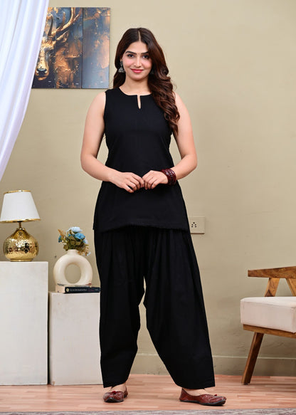 Black Plain Sleeveless Ethnic Co-ord Set
