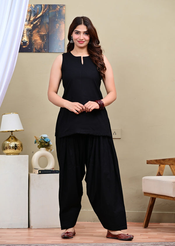 Black Plain Sleeveless Ethnic Co-ord Set
