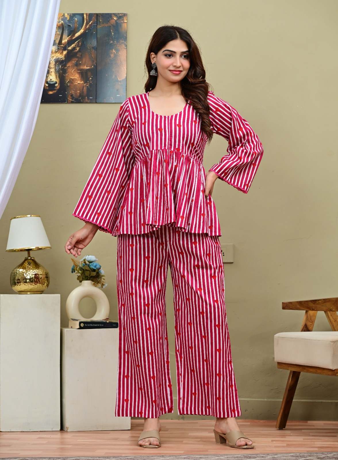 Magenta Stripes & Hearts Flared Cotton  Set