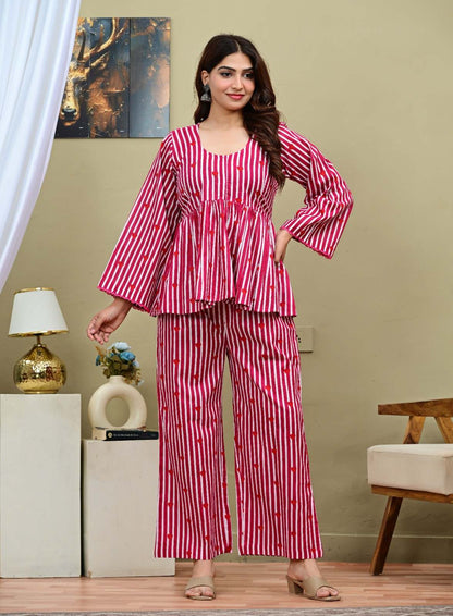 Magenta Stripes & Hearts Flared Cotton  Set