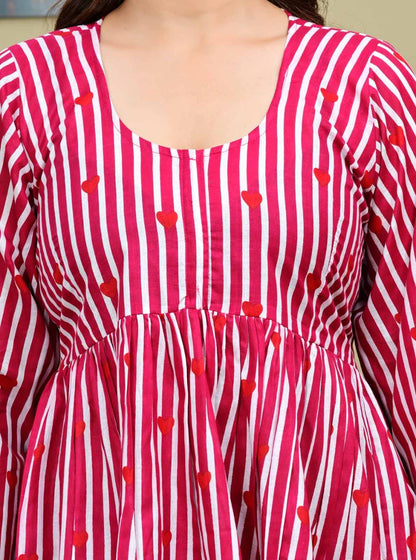 Magenta Stripes & Hearts Flared Cotton  Set