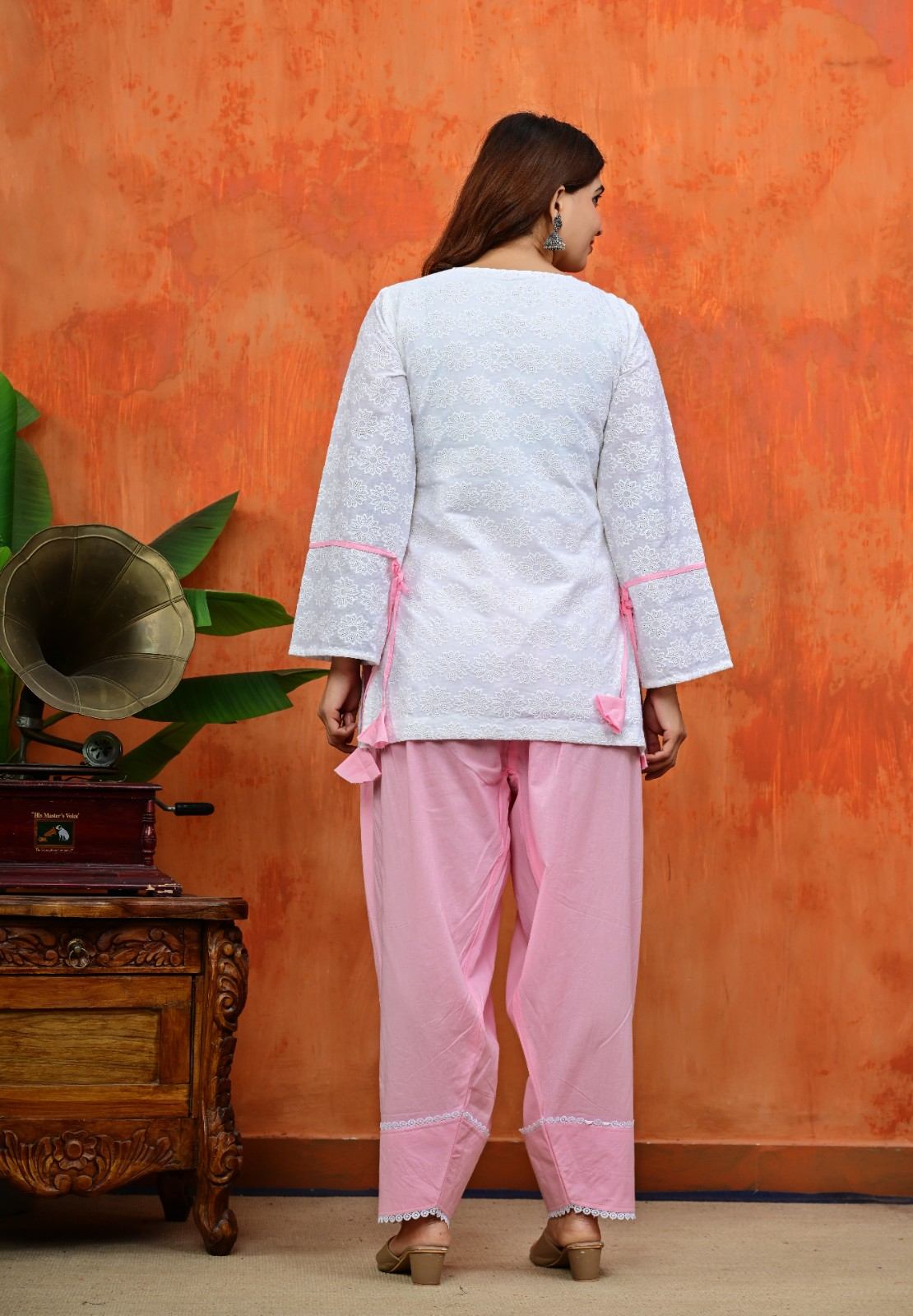 White Chikankari Kurti with Pink Salwar Set