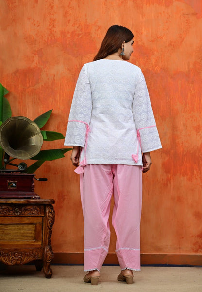 White Chikankari Kurti with Pink Salwar Set