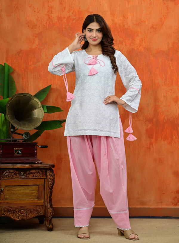 White Chikankari Kurti with Pink Salwar Set