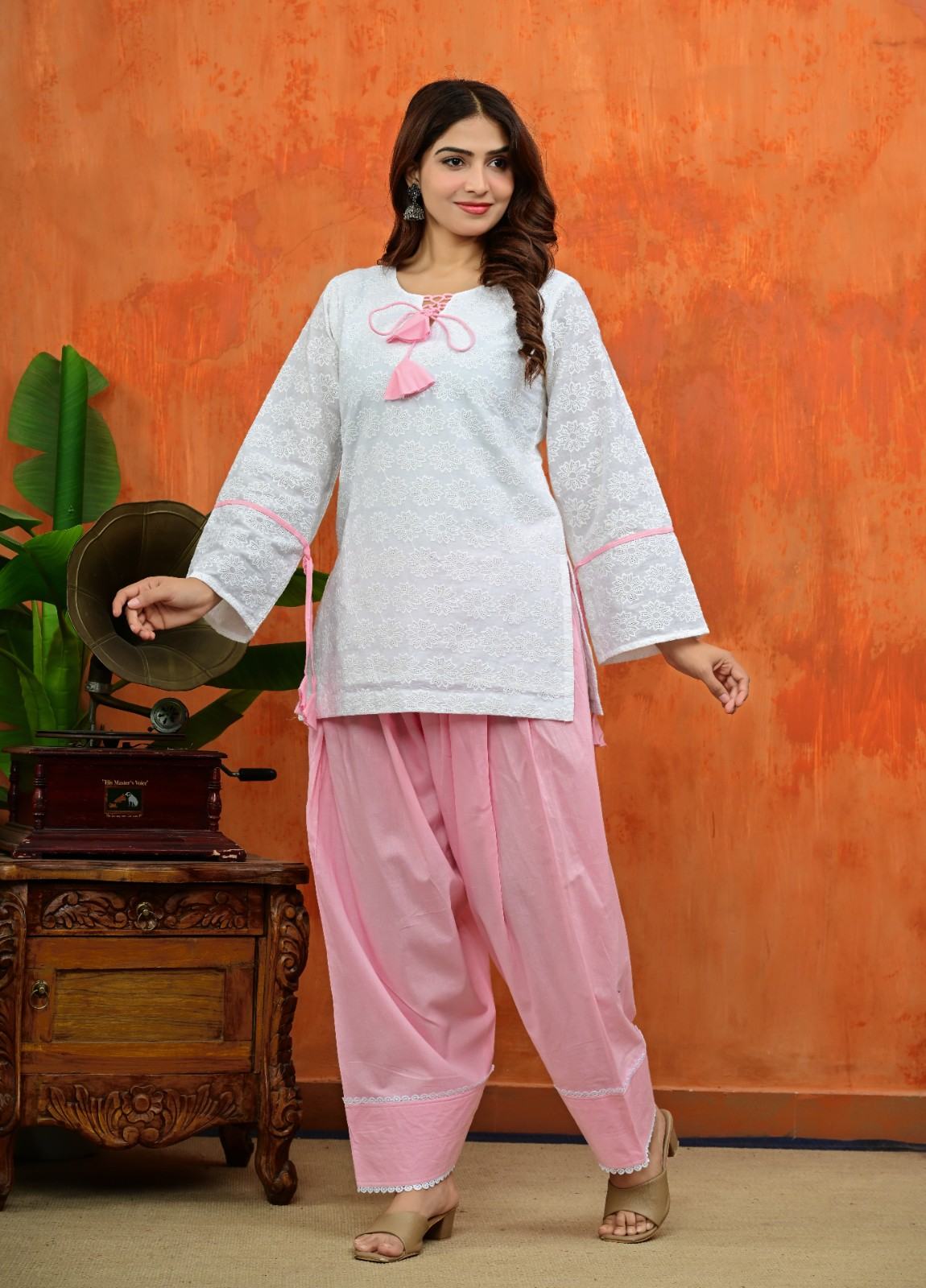 White Chikankari Kurti with Pink Salwar Set