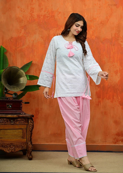 White Chikankari Kurti with Pink Salwar Set