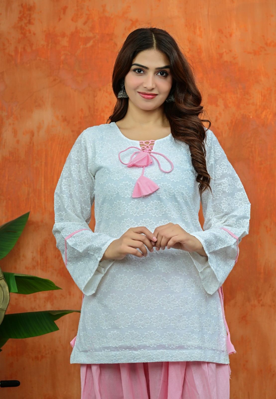 White Chikankari Kurti with Pink Salwar Set
