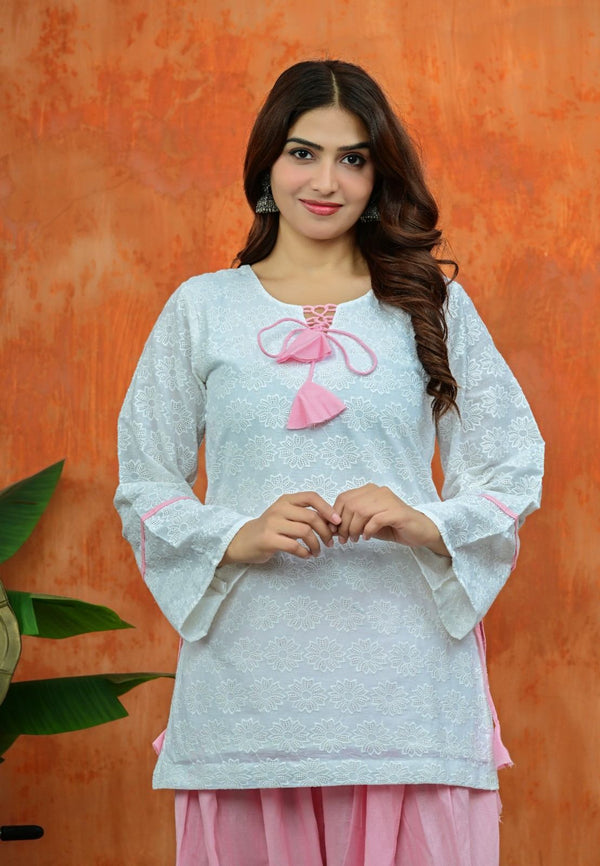 White Chikankari Kurti with Pink Salwar Set