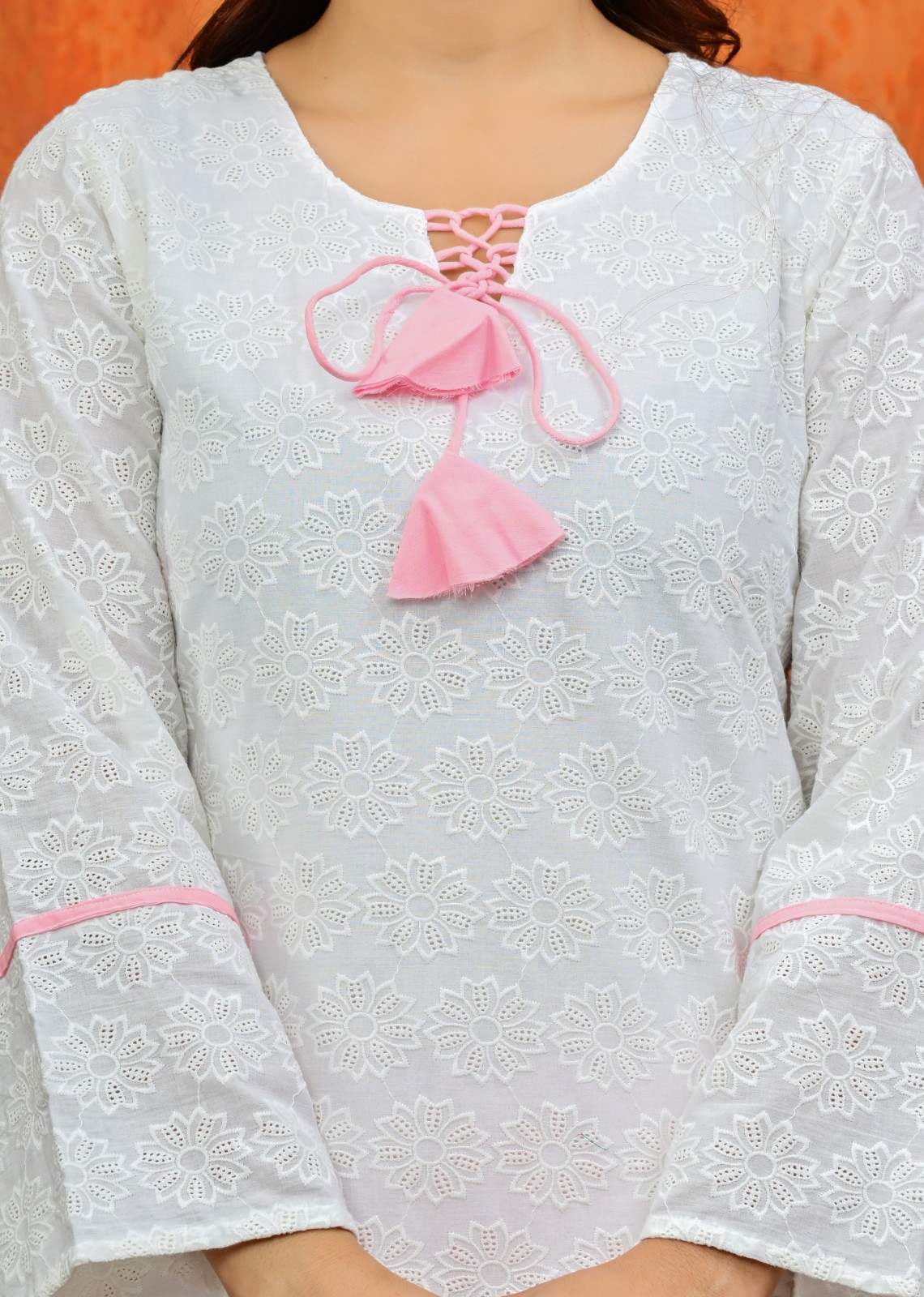 White Chikankari Kurti with Pink Salwar Set