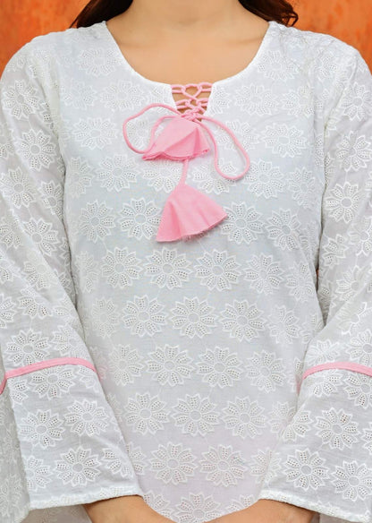 White Chikankari Kurti with Pink Salwar Set