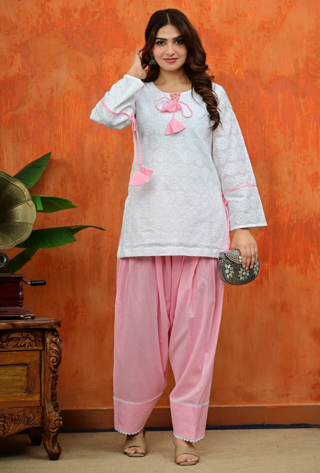 White Chikankari Kurti with Pink Salwar Set