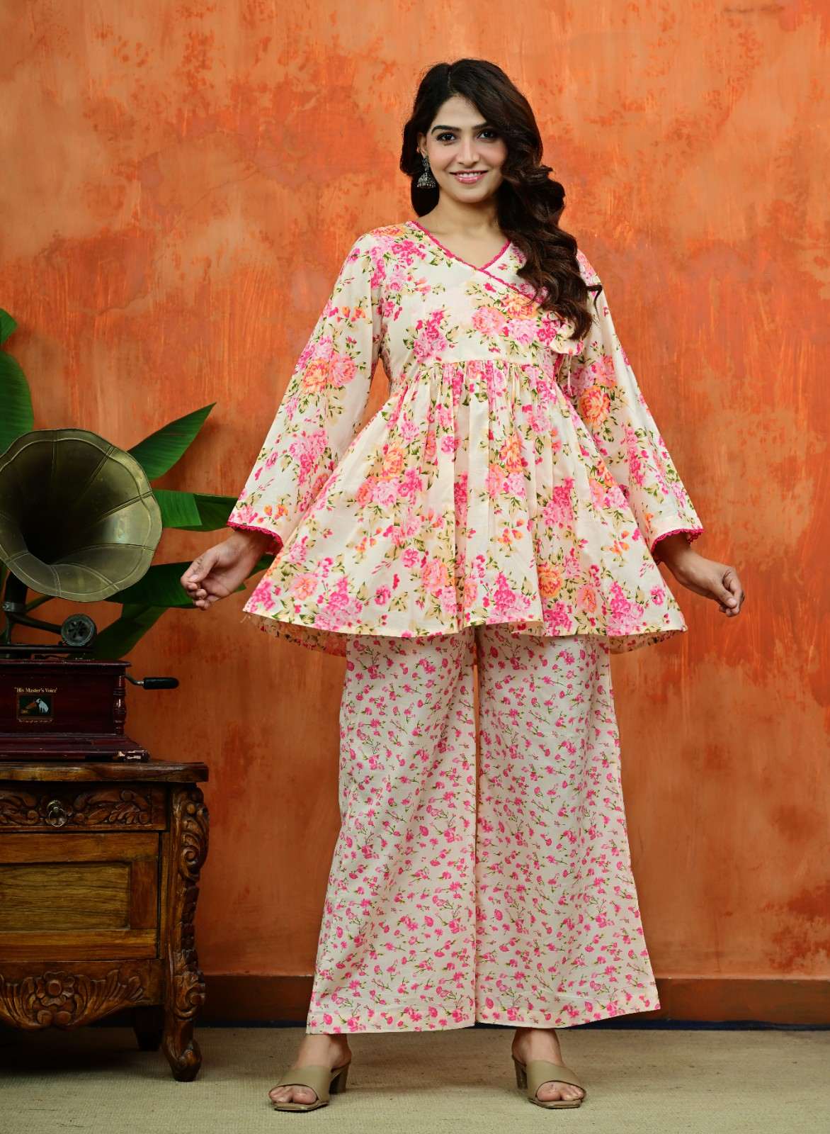 Pink Floral Angrakha Co-ord Set