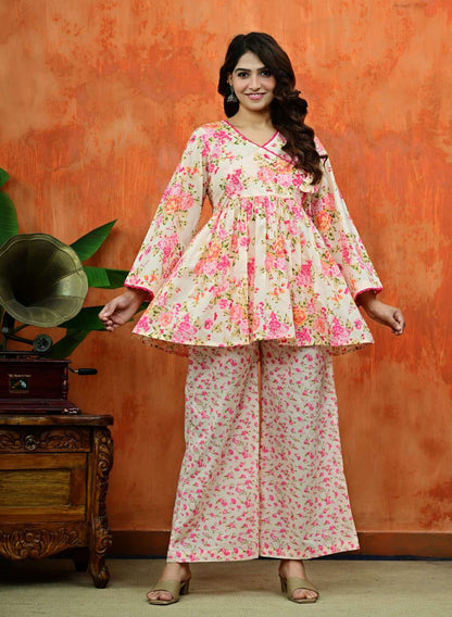 Pink Floral Angrakha Co-ord Set