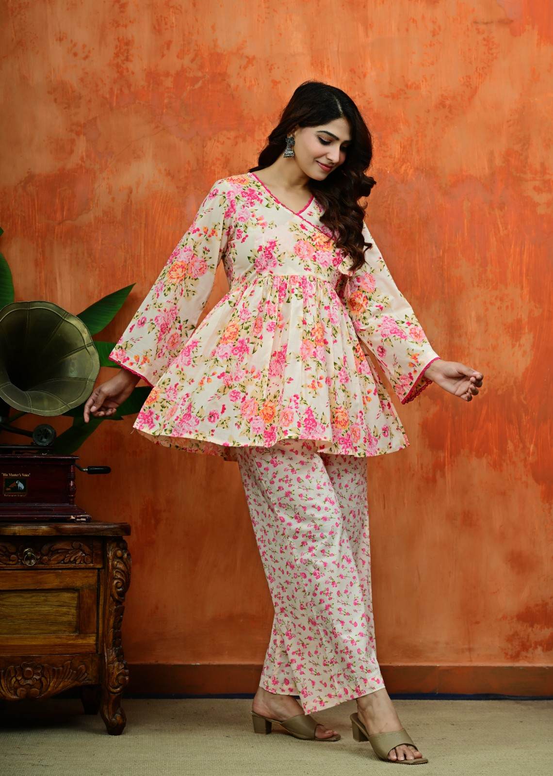 Pink Floral Angrakha Co-ord Set