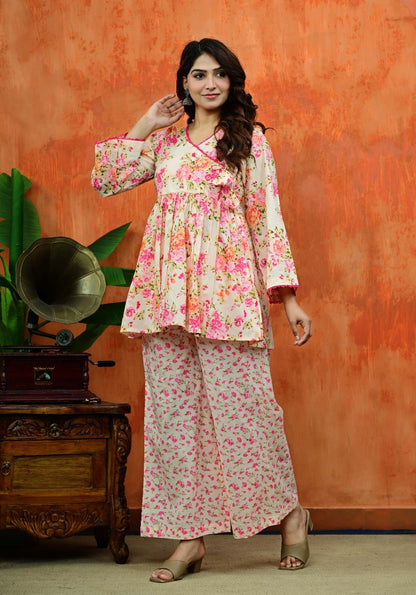 Pink Floral Angrakha Co-ord Set