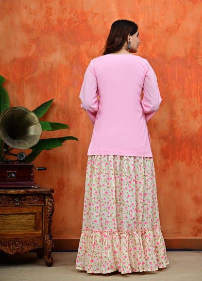 Pink Kurti with Contrast Cream Floral Print  Suit Set