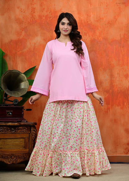 Pink Kurti with Contrast Cream Floral Print  Suit Set