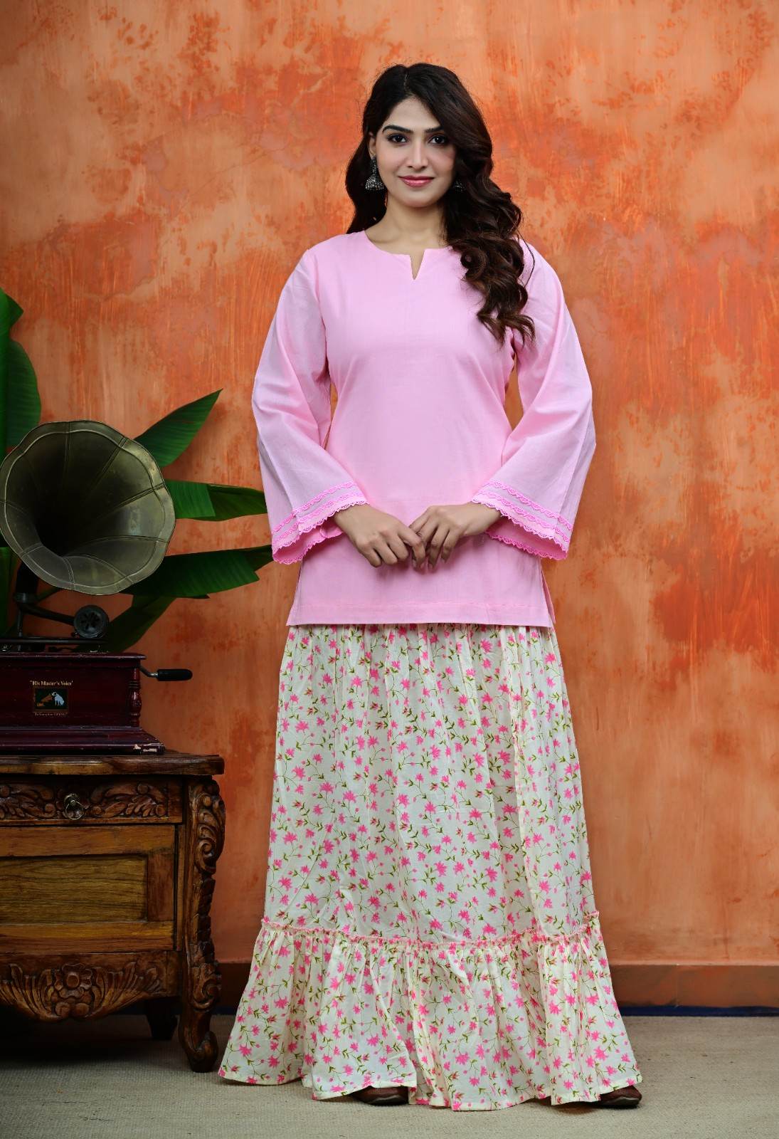 Pink Kurti with Contrast Cream Floral Print  Suit Set