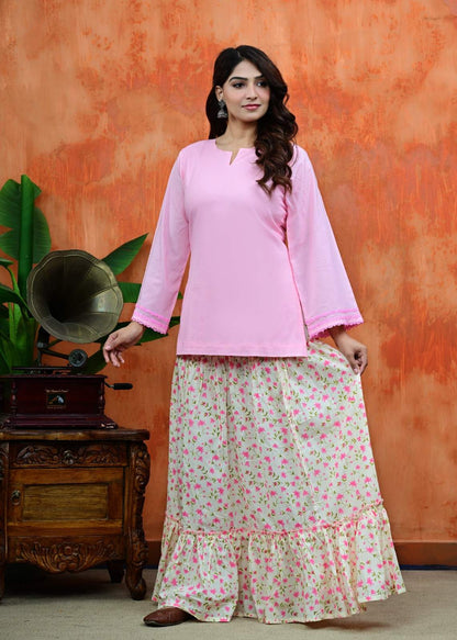Pink Kurti with Contrast Cream Floral Print  Suit Set