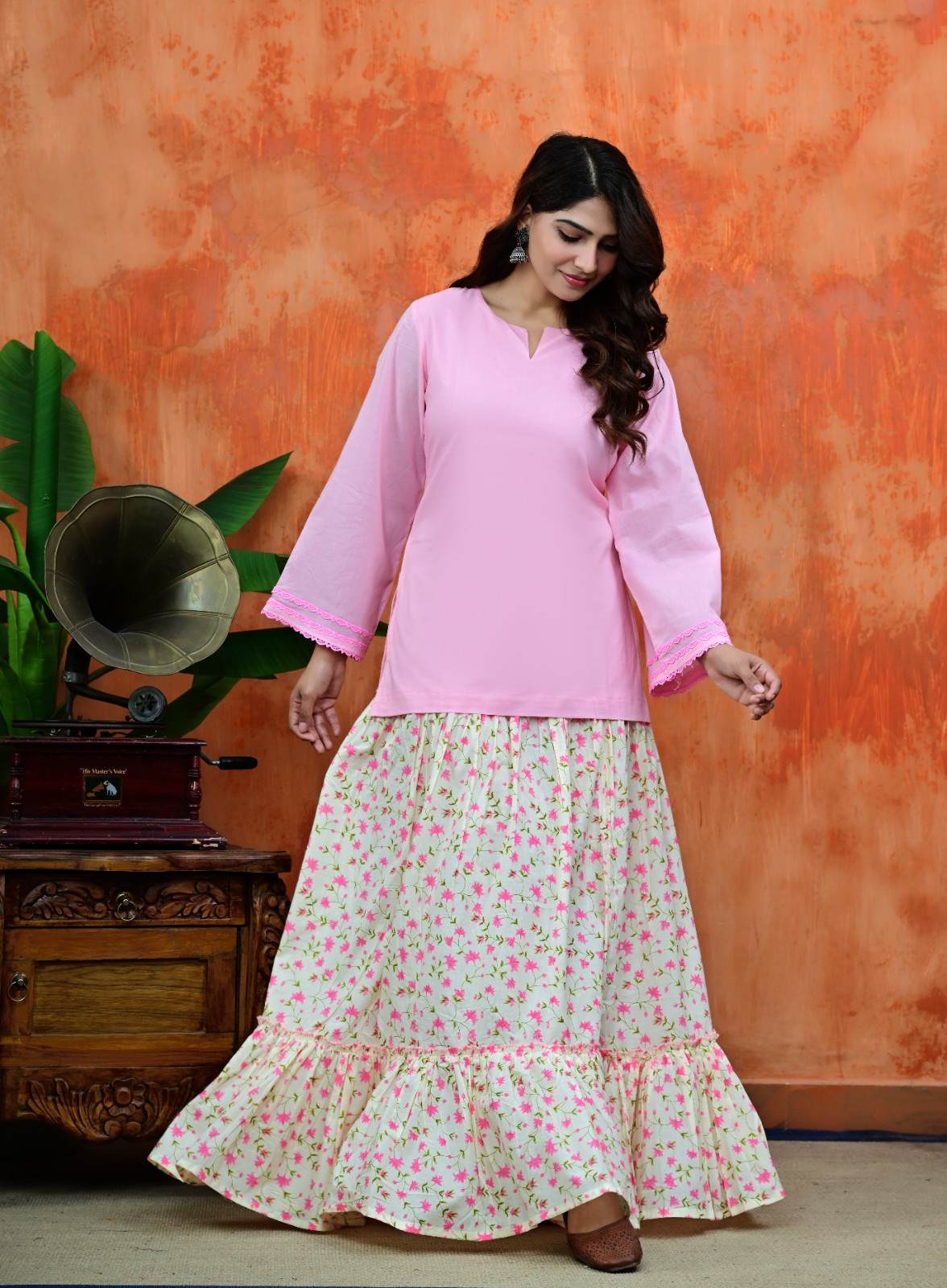 Pink Kurti with Contrast Cream Floral Print  Suit Set