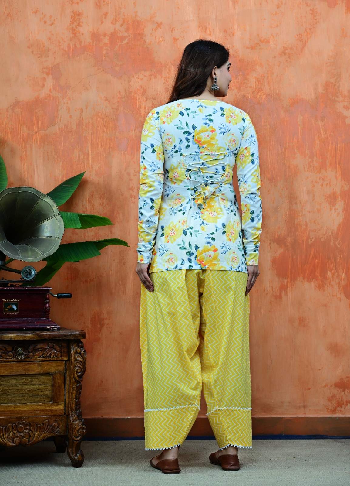 Floral Full-Sleeve Tunic with Criss-Cross Back & Leheriya Patiala Set