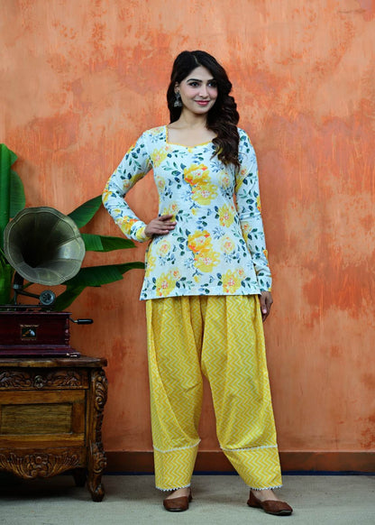 Floral Full-Sleeve Tunic with Criss-Cross Back & Leheriya Patiala Set