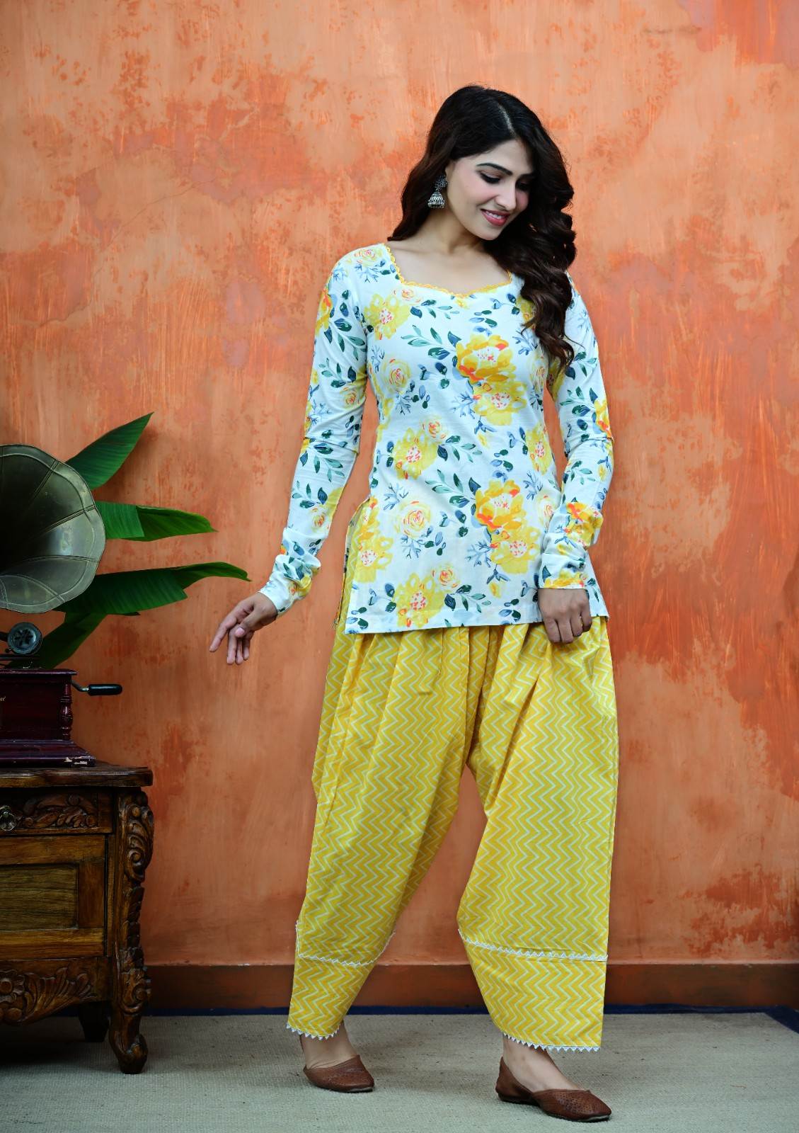 Floral Full-Sleeve Tunic with Criss-Cross Back & Leheriya Patiala Set