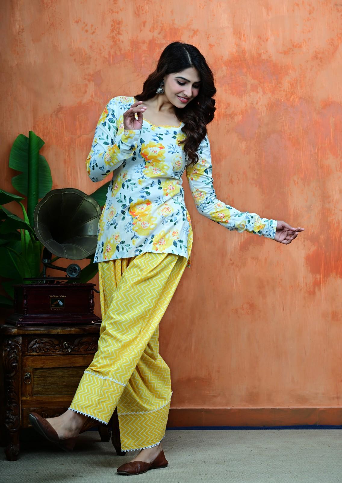 Floral Full-Sleeve Tunic with Criss-Cross Back & Leheriya Patiala Set