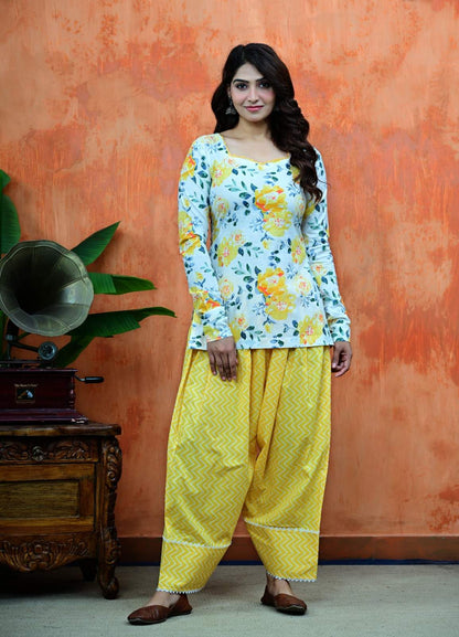 Floral Full-Sleeve Tunic with Criss-Cross Back & Leheriya Patiala Set