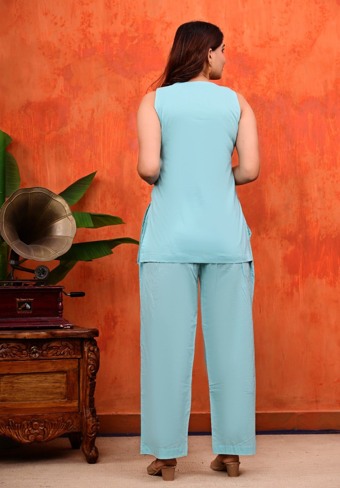 Sky Blue Cotton Sleeveless Short Kurti with Straight Pant Set | Keyhole Neck Co-ord Set