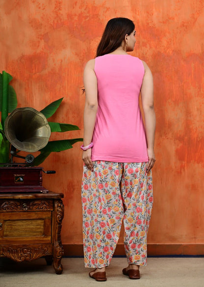 Pink Sleeveless Kurti with Contrast Floral Printed Salwar Suit Set