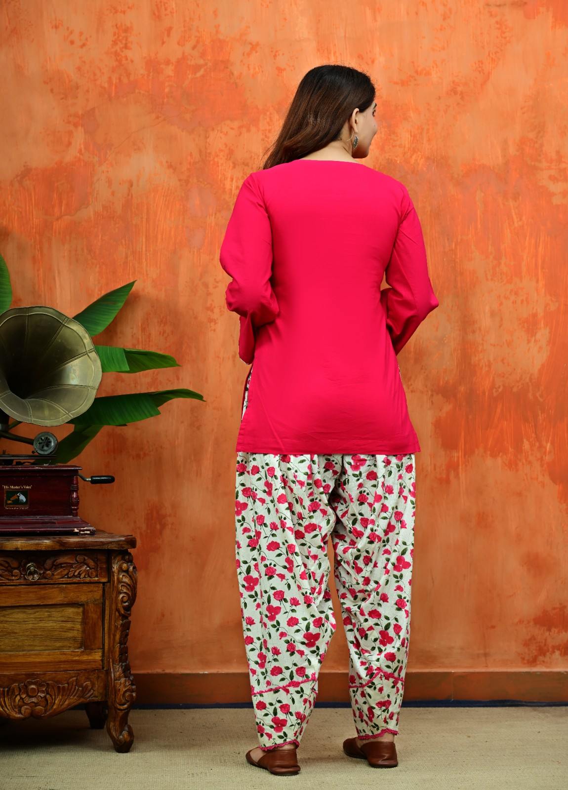 Pink Kurti with Matching Fabric Latkan & Off-White Floral Printed Salwar Set