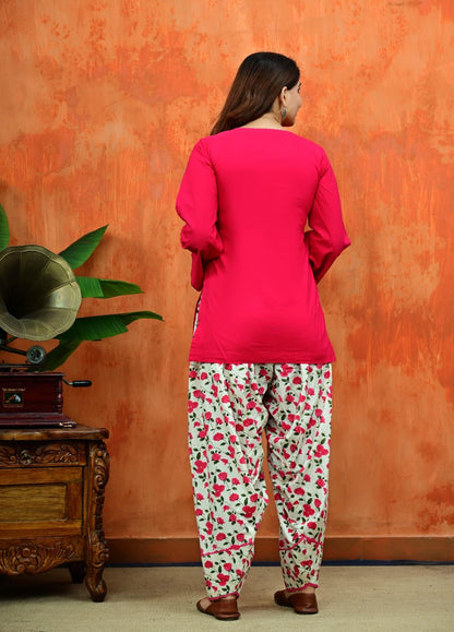 Pink Kurti with Matching Fabric Latkan & Off-White Floral Printed Salwar Set