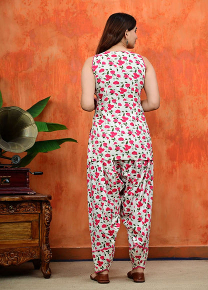 Elegant Ivory & Pink Floral Printed Farshi Salwar Set