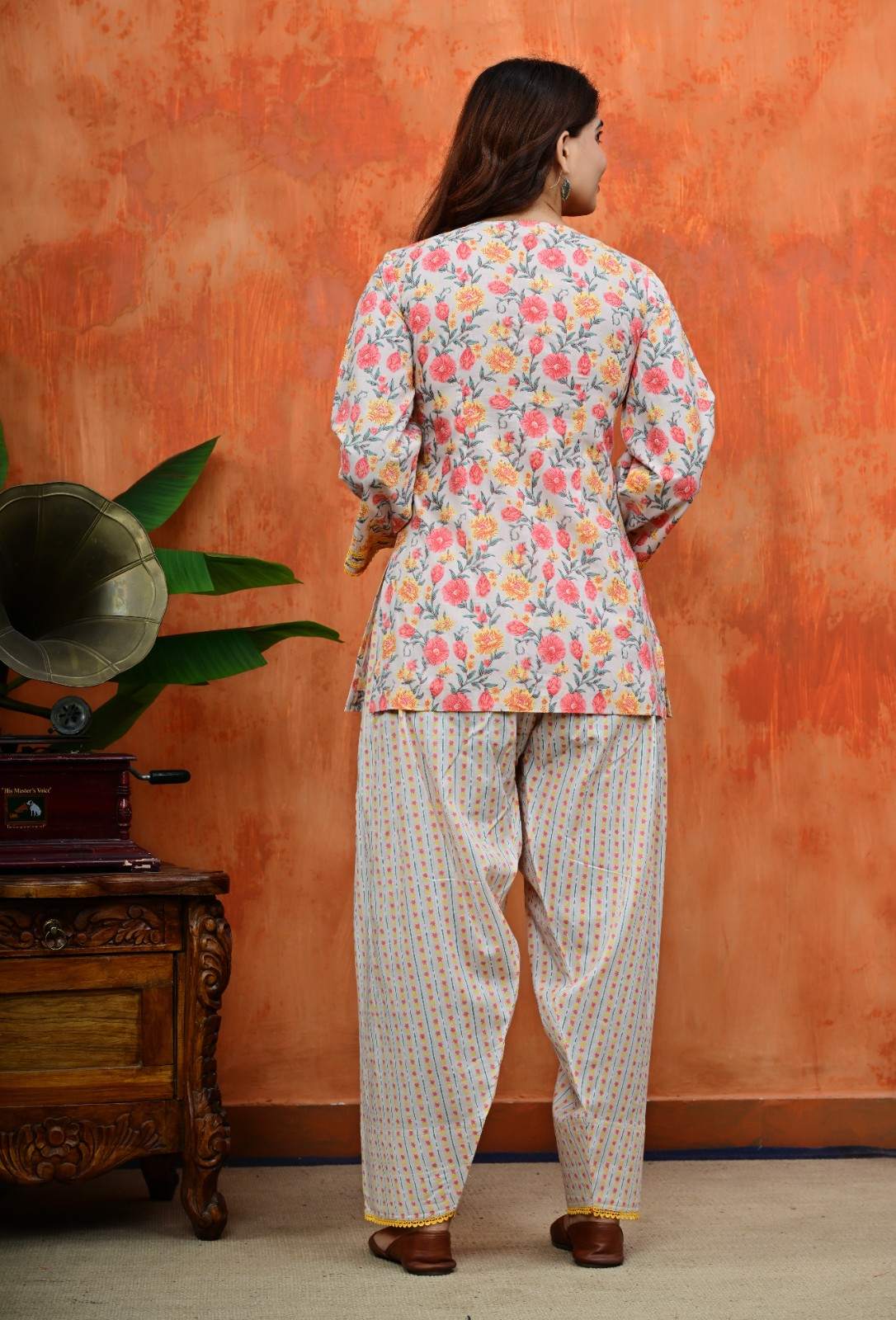 Floral Short Kurti with Striped Salwar Set