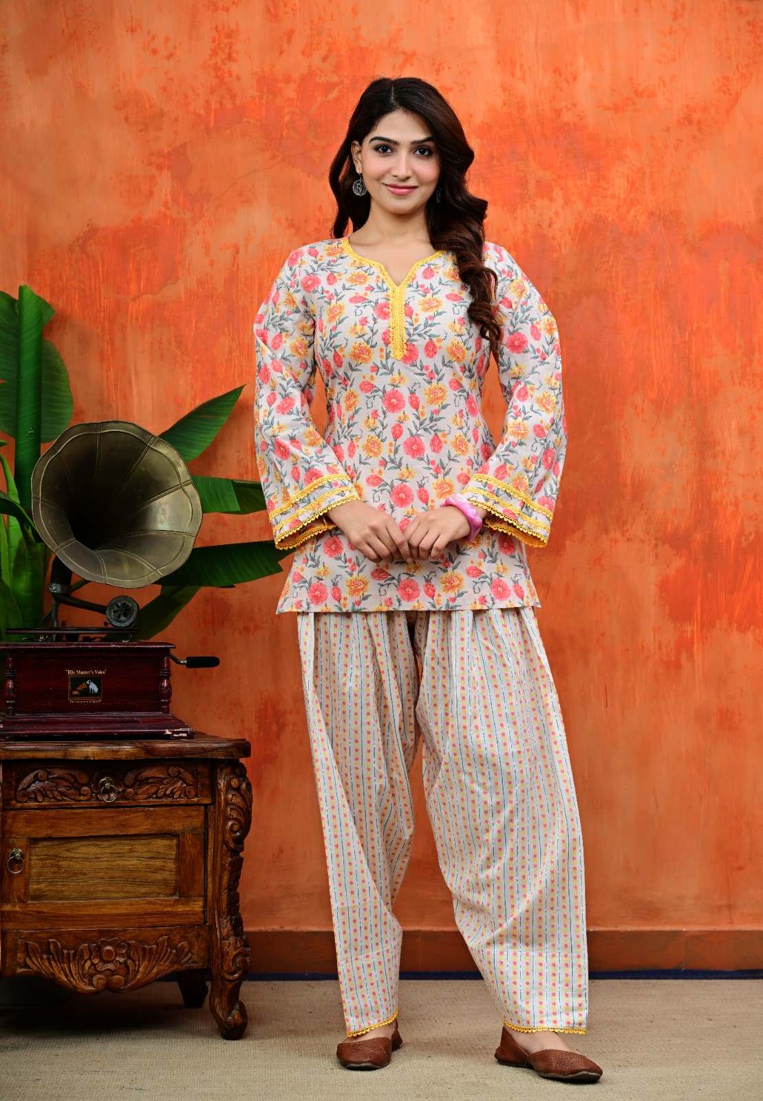 Floral Short Kurti with Striped Salwar Set